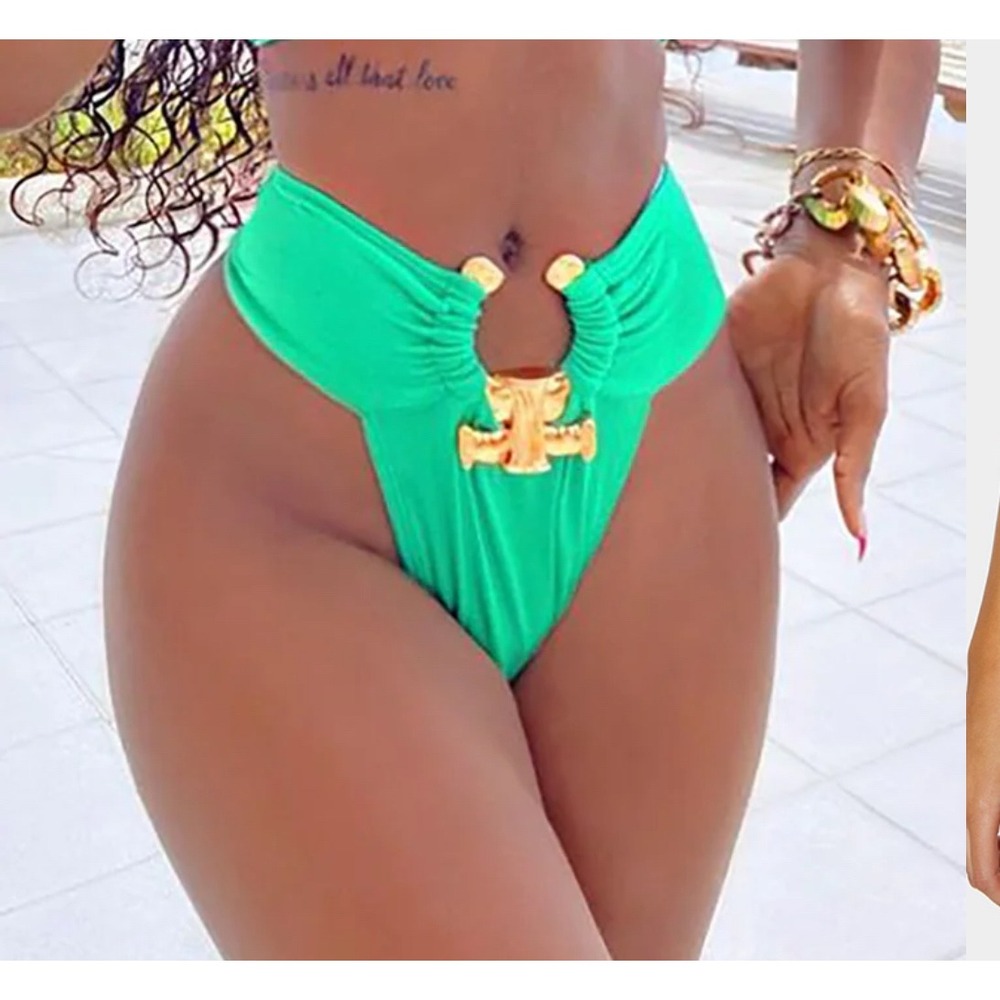 PrettyLittleThing Green High-Waist Gold-Accent Bikini Bottom